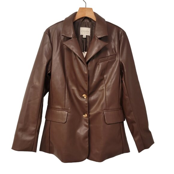NWT Stoosh Vintage Brown Bracken Faux Leather Button Up Jacket Classic Pockets S - Picture 1 of 8